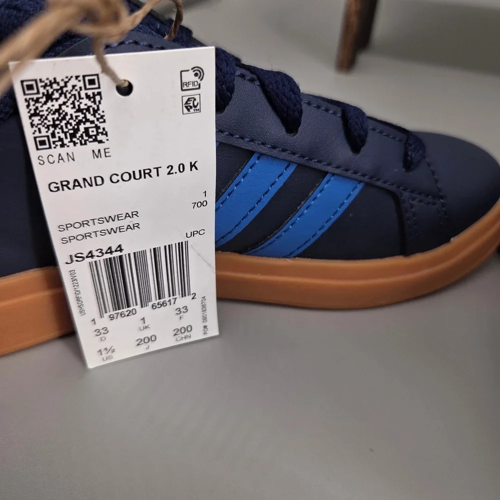 Adidas Grand Court 2.0 K Kids 1.5 Navy Blue Gum Sole Sneakers JS4344 Sporty